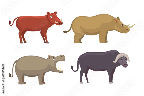 African animals cartoon vector set. elephant, rhino, giraffe, cheetah, zebra, hyena, lion, hippo, crocodile, gorila and outhers. safari isolated illustration