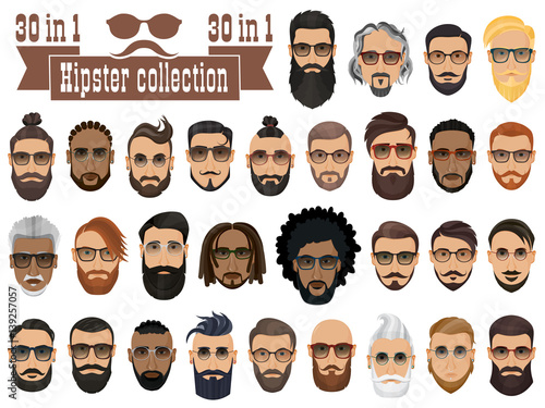 Superset of 30 hipsters bearded men with different hairstyles, mustaches, beards isolated on white background.