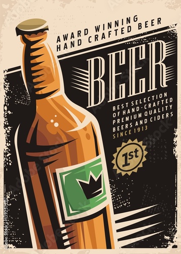 Beer retro poster layout with beer bottle and creative typography on black background