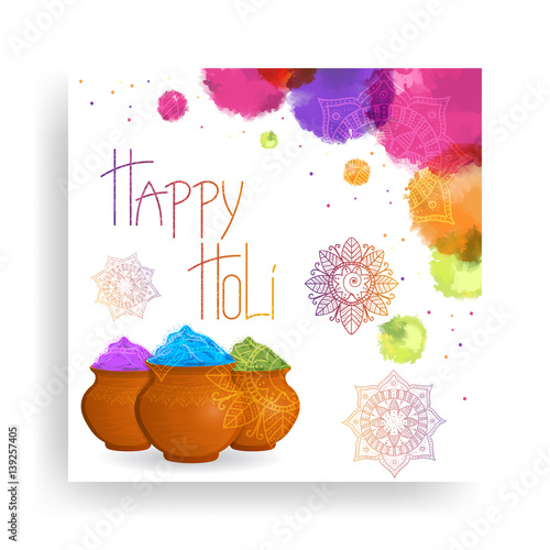 A colorful illustration of a happy Holi. Greeting Card Happy Holi. Vector illustration