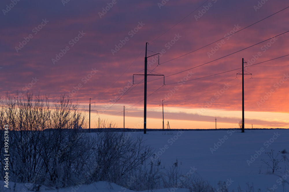 power line frosty winter sunset
