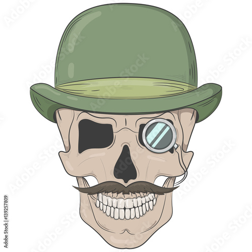 Skull in a bowler hat. gentleman skull with a monocle. Vector print