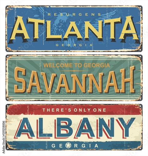 Vintage tin sign collection with USA cities. Atlanta. Savannah. St. Albany. Retro souvenirs or postcard templates on vintage background. Georgia city.