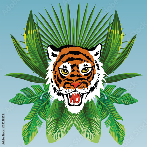 Fototapeta Naklejka Na Ścianę i Meble -  tiger head on tropical leaves blue background