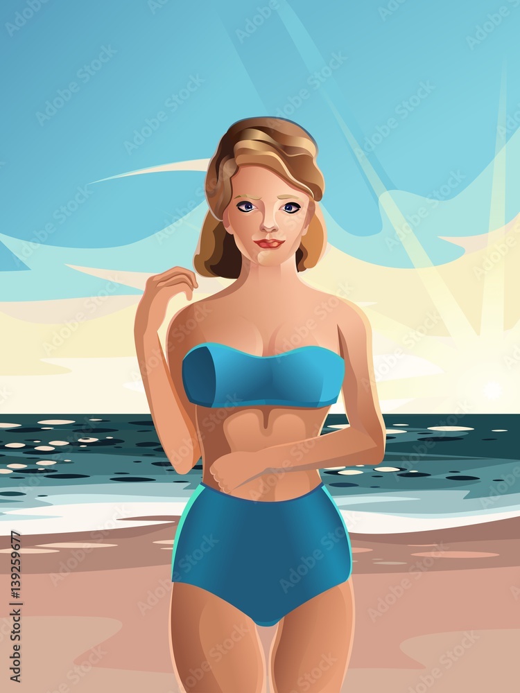 Красивая, стройная Девушка в купальнике пляжный отдых, вектор рисунок