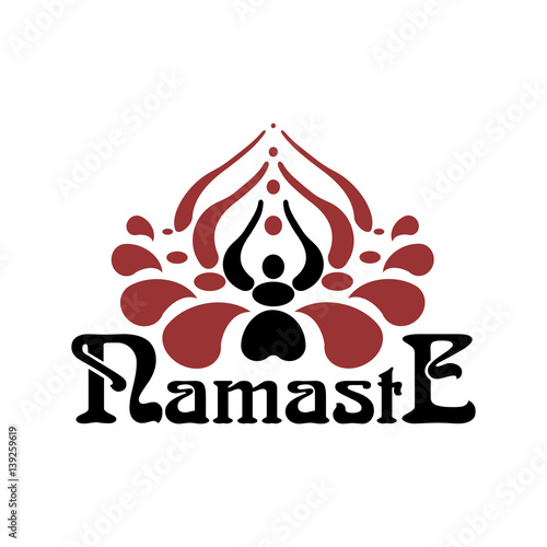 Stylized Indian womans hand greeting posture of namaste inside of lotus flower. NAMASTE font