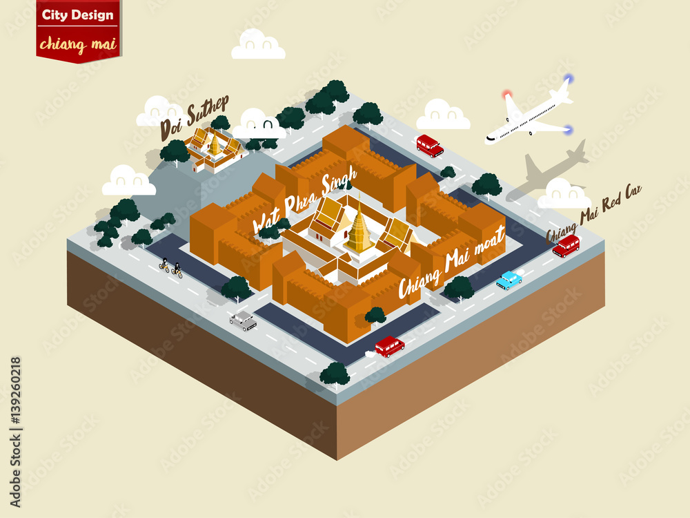 Obraz premium isometric illustration vector graphic design of chiang mai city thailand