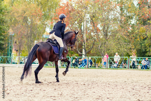 Young rider girl on bay horse galloping towards a hurdle on show jumping competition