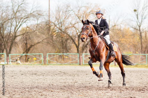 Young rider girl on bay horse galloping towards a hurdle on show jumping competition