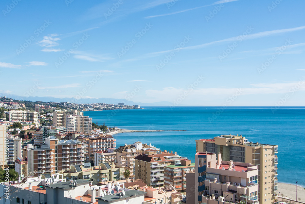 FUENGIROLA, SPAIN - FEBRUARY 7, 2017: A view to Fuengirola and its surroundings, hotels, resorts and beaches of Mediterranean sea, Andalusia, Spain.