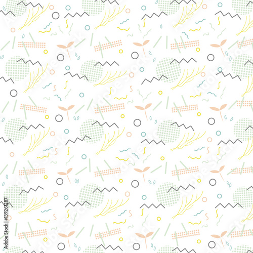 Trendy geometric elements memphis card. Pattern for tissue and postcards. Spring poster  background. Vector illustration
