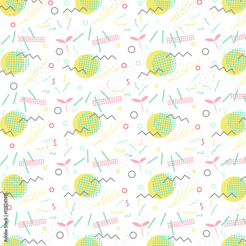 Trendy geometric elements memphis card. Pattern for tissue and postcards. Spring poster  background. Vector illustration