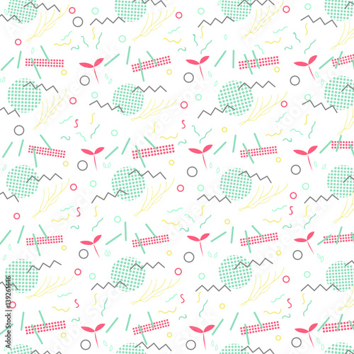 Trendy geometric elements memphis card. Pattern for tissue and postcards. Spring poster  background. Vector illustration