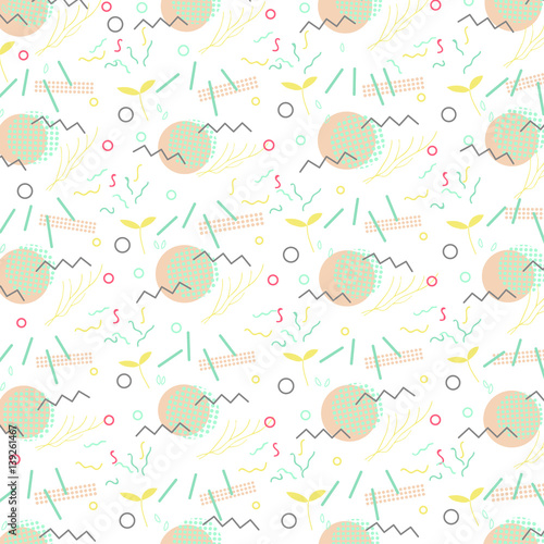 Trendy geometric elements memphis card. Pattern for tissue and postcards. Spring poster background. Vector illustration