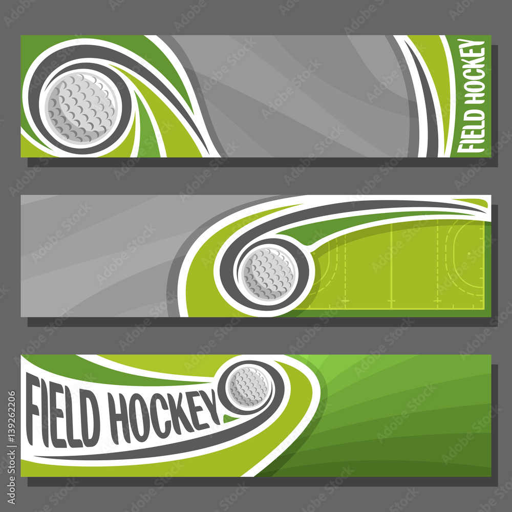 Fototapeta premium Vector horizontal Banners for Field Hockey: 3 cartoon covers for title text on field hockey theme, sport court with flying on trajectory ball, abstract header banner for advertising on gray background