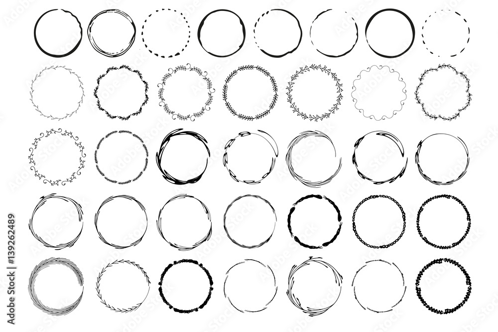 Big set of handdrawn elements with circles.  Round templates  isolated on background and easy to use. Vector illustration.