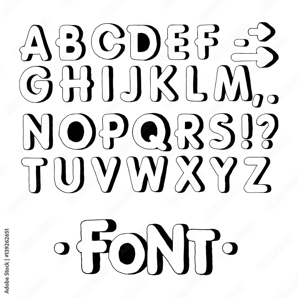 Graphic font. Handmade sans-serif font, thin lines. Hand drawn calligraphy lettering alphabet. Vector illustration. Letters on a white background. Doodle comic font for your design. Monochrome.