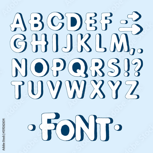 Graphic font. Handmade sans-serif font, thin lines. Hand drawn calligraphy lettering alphabet. Vector illustration. Letters on a blue background. Doodle comic font for your design. Monochrome.