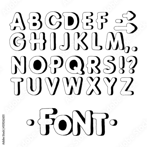 Graphic font. Handmade sans-serif font, thin lines. Hand drawn calligraphy lettering alphabet. Vector illustration. Letters on a white background. Doodle comic font for your design. Monochrome.