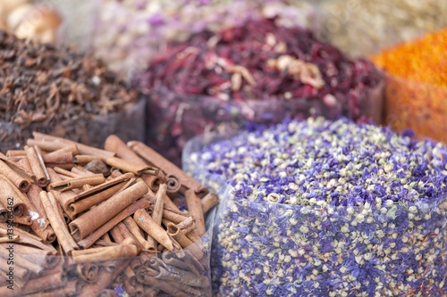 Dried herbs, flowers and spices at the spice souq at Deira in Dubai, UAE photo