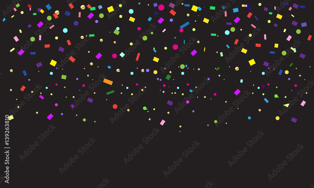 Confetti poster. Abstract background with colorful confetti, bright sparkles. Vector illustration. Holiday decoration