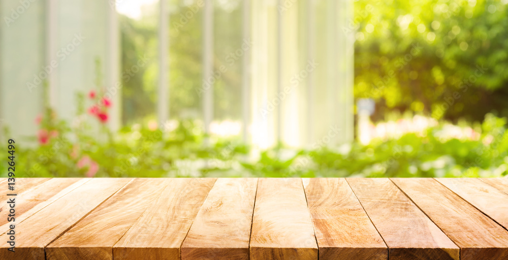 Empty wood table top on blur abstract green from garden and house in  morning background.For montage product display or key visual layout Stock  Photo | Adobe Stock