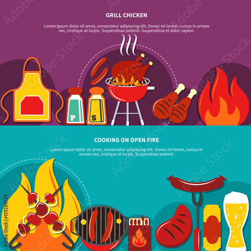 Grill Chiken And Cooking On Open Fire Flat 