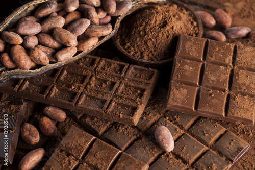 Bars Chocolate , candy sweet, dessert food on wooden background