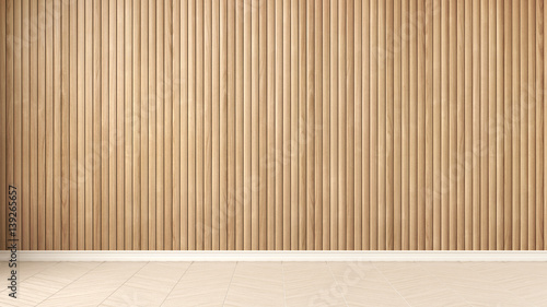 Empty room with herringbone parquet and wooden wall, background interior design © ArchiVIZ