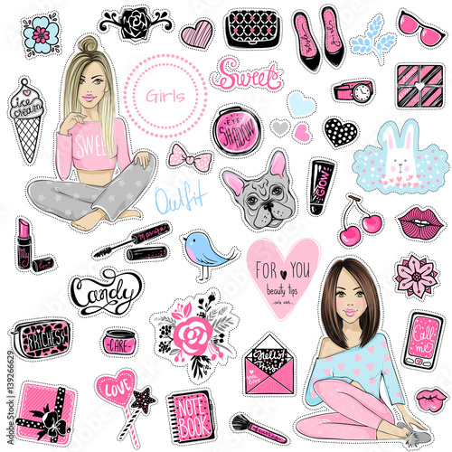 Big Vector kit of fashion patches. Set with glamour elements. Cute stickers for girls. Fashionable accessories. Trendy badges and pins. Stylish prints girls, lips, phone, makeup. flowers, hearts.