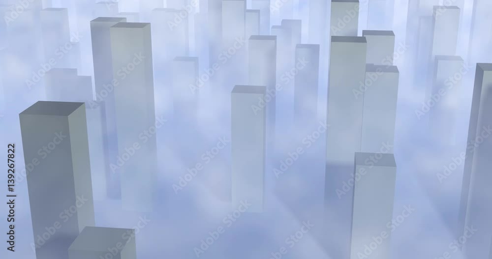 Stylized cubic 3d city , buildings, sky scrapers in light blue fog, mist.Camera view pans from left to right. 3d animation. Stylized cubic 3d city , buildings, sky scrapers in light blue fog, mist.Camera view pans from left to right. 3d animation.