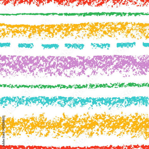 Seamless pattern with colorful wax crayon isolated strokes. Hand drawn pastel chalk stripes background. Vector like kids hand painting texture. 
