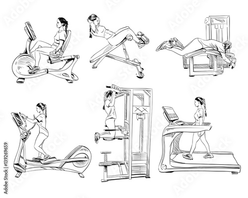 Woman engaged on the training apparatus in the gym. Hand drawn vector illustration. 