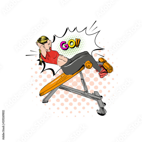 Woman engaged on the training apparatus in the gym. Hand drawn vector illustration. 