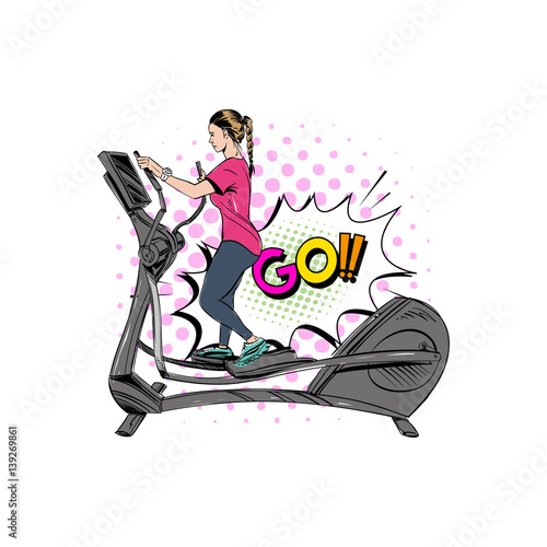 Woman engaged on the training apparatus in the gym. Hand drawn vector illustration. 