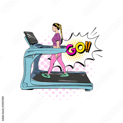 Woman engaged on the training apparatus in the gym. Hand drawn vector illustration. 
