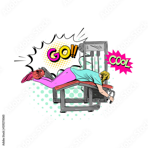 Woman engaged on the training apparatus in the gym. Hand drawn vector illustration. 