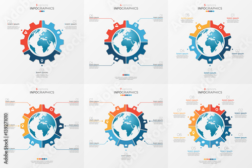 Set of gear wheel style chart template with globe inside