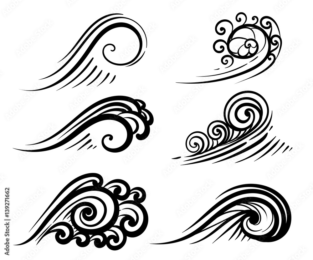 Wave collection Ocean or sea waves, surf and splashes set curling Water Design Elements vector illustration isolated on white Wave collection Ocean or sea waves, surf and splashes set curling Water Design Elements vector illustration isolated on white
