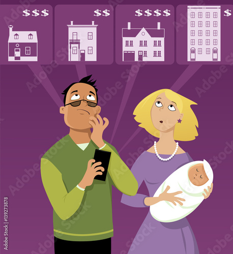 Young family with a baby searching for an affordable  house on Internet, using a mobile phone, EPS 8 vector illustration, no transparencies