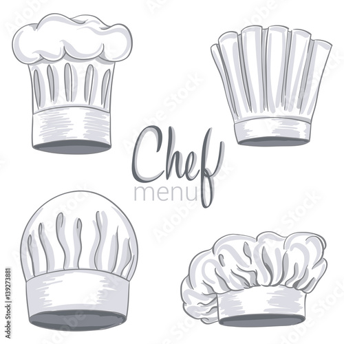 Set of hand drawn chef hat on white. Cooking caps drawings isolated on white background. vector illustration