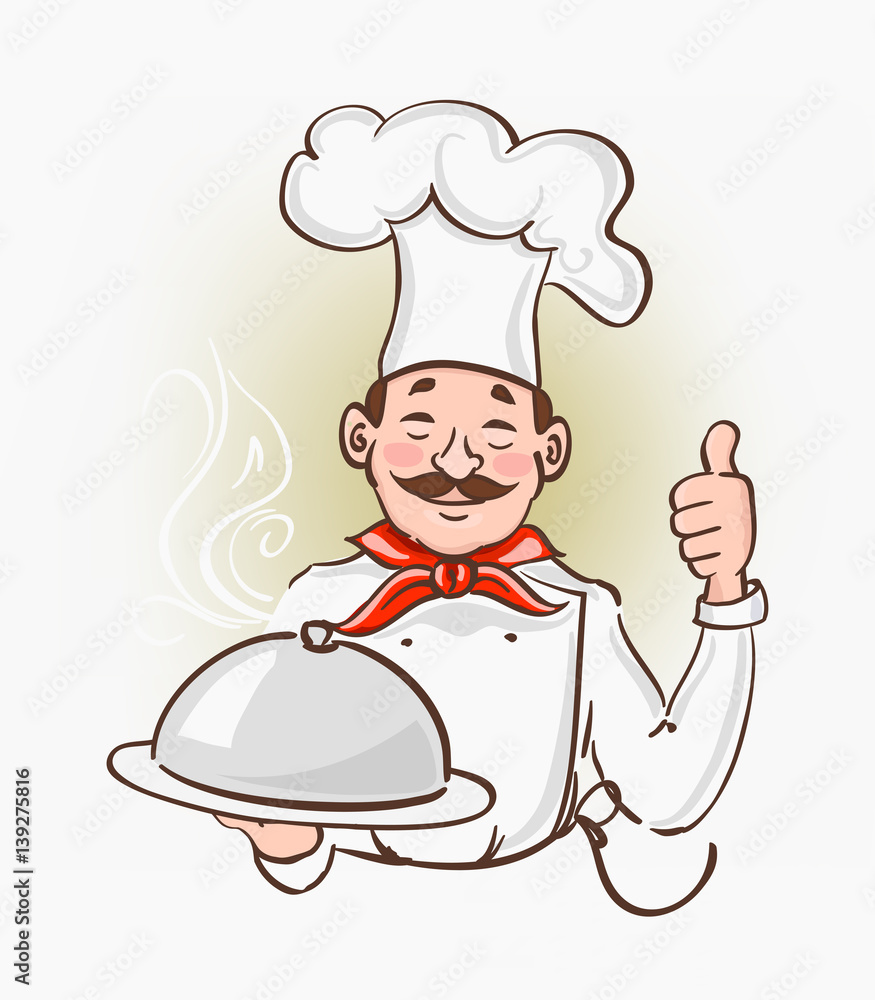 Cartoon character chef with mustaches holding a silver food plate and showing thumb up ok all right hand sign gesture. Catering service hand drawn symbol. Vector Cartoon character chef with mustaches holding a silver food plate and showing thumb up ok all right hand sign gesture. Catering service hand drawn symbol. Vector