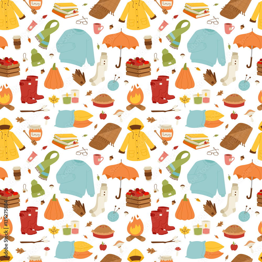 Autumn icons stickers hand drawn vector seamless pattern