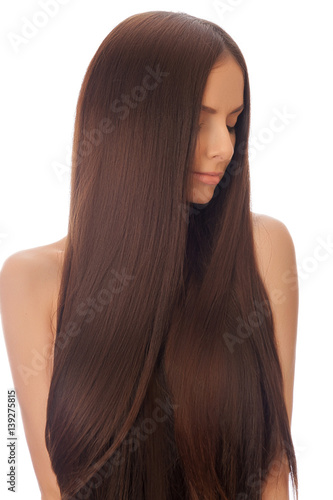 Girl with long hair on white