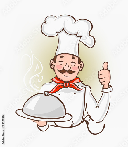 Cartoon character chef with mustaches holding a silver food plate and showing thumb up ok all right hand sign gesture. Catering service hand drawn symbol. Vector
