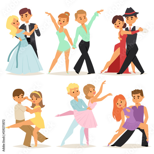 Dancing couples romantic person and people dance man with woman entertainment together beauty vector illustration.