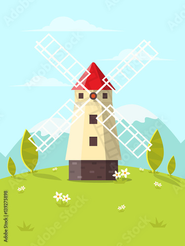 Nature Landscape Background with Windmill. Flat Design Style. 