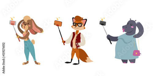 Funny picture photographer mamal person take selfie stick in his hand and cute animal taking a selfie together with smartphone camera vector illustration.