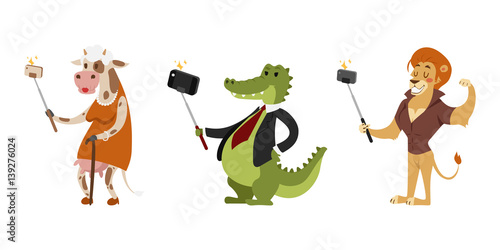 Funny picture photographer mamal person take selfie stick in his hand and cute animal taking a selfie together with smartphone camera vector illustration.