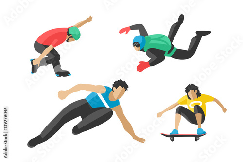 Vector drawing jumping extremesilhouettes illustration life skateboard set speed skydiver skateboarder roller skate wakeboard surfing flyboard